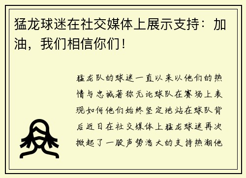 猛龙球迷在社交媒体上展示支持：加油，我们相信你们！