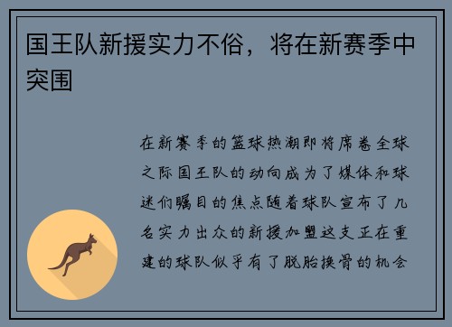 国王队新援实力不俗，将在新赛季中突围