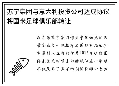 苏宁集团与意大利投资公司达成协议将国米足球俱乐部转让